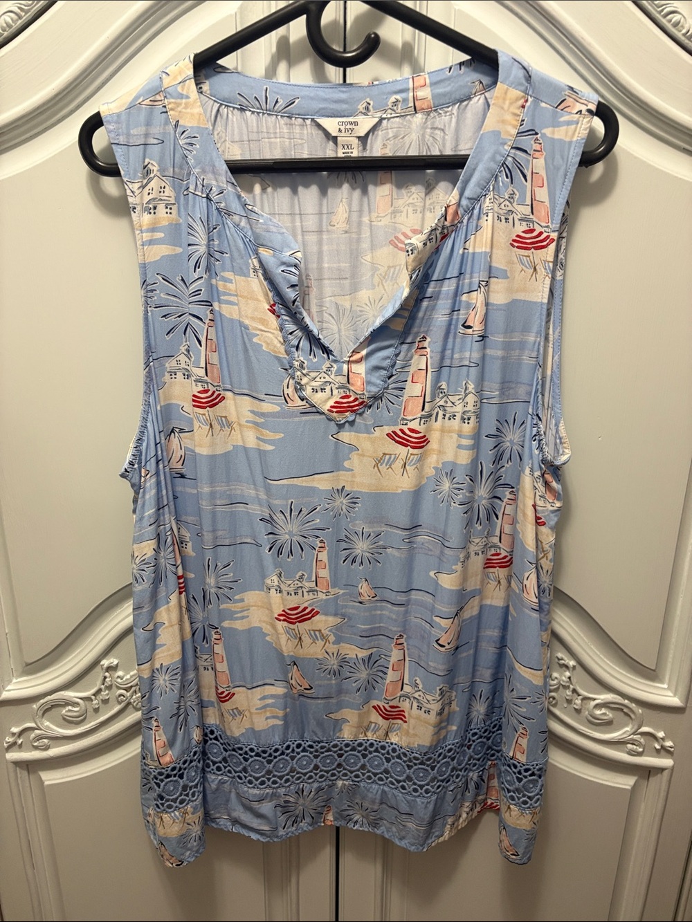Crown & Ivy Light Blue Nautical Print Sleeveless Top-XXL